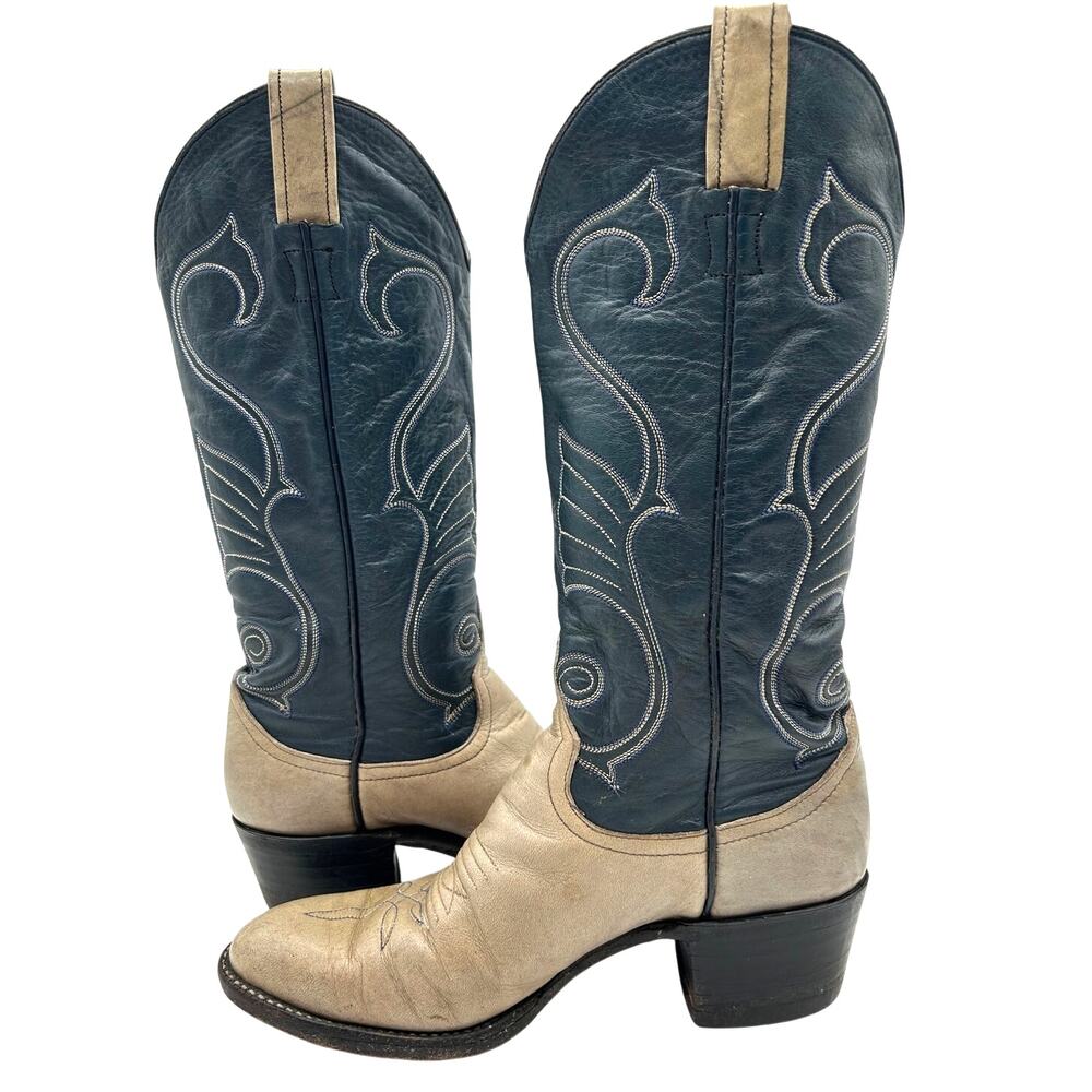 Larry Mahan Vintage 80s Leather Cowboy Boots Blue Western Size 265 (7.5 8 8.5)